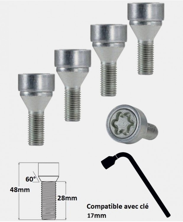 Vis antivol de roues M14X1.25 assise conique 60° filetage 28mm