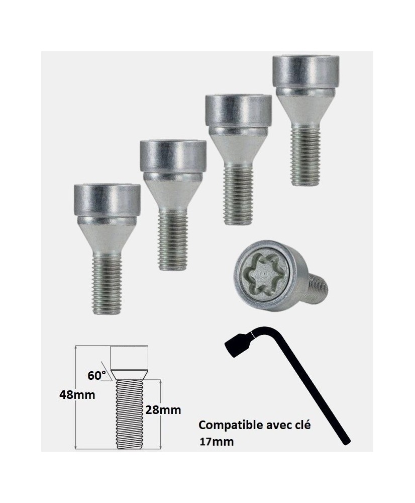 Vis antivol de roues M14X1.25 assise conique 60° filetage 28mm