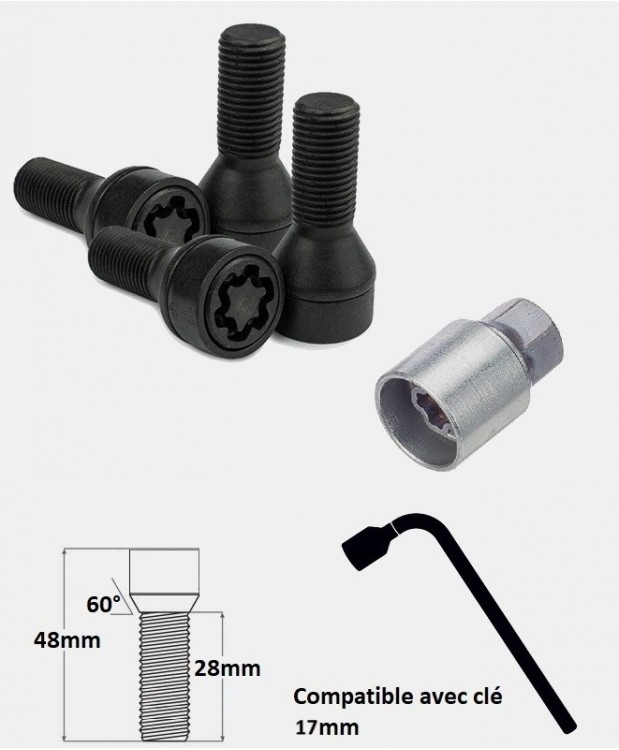 Vis antivol de roues M14X1.25 assise conique 60° filetage 28mm