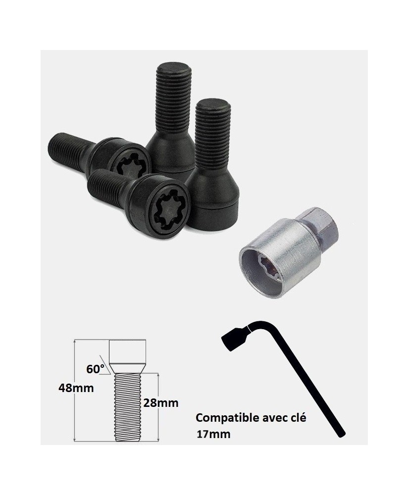 Vis antivol de roues M14X1.25 assise conique 60° filetage 28mm