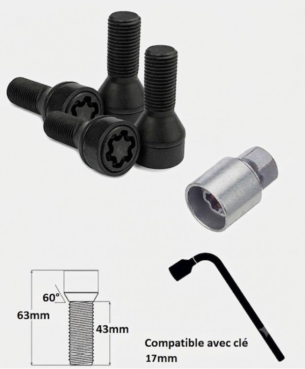 Vis antivol de roues noir M14X1.25 assise conique 60° filetage 43mm