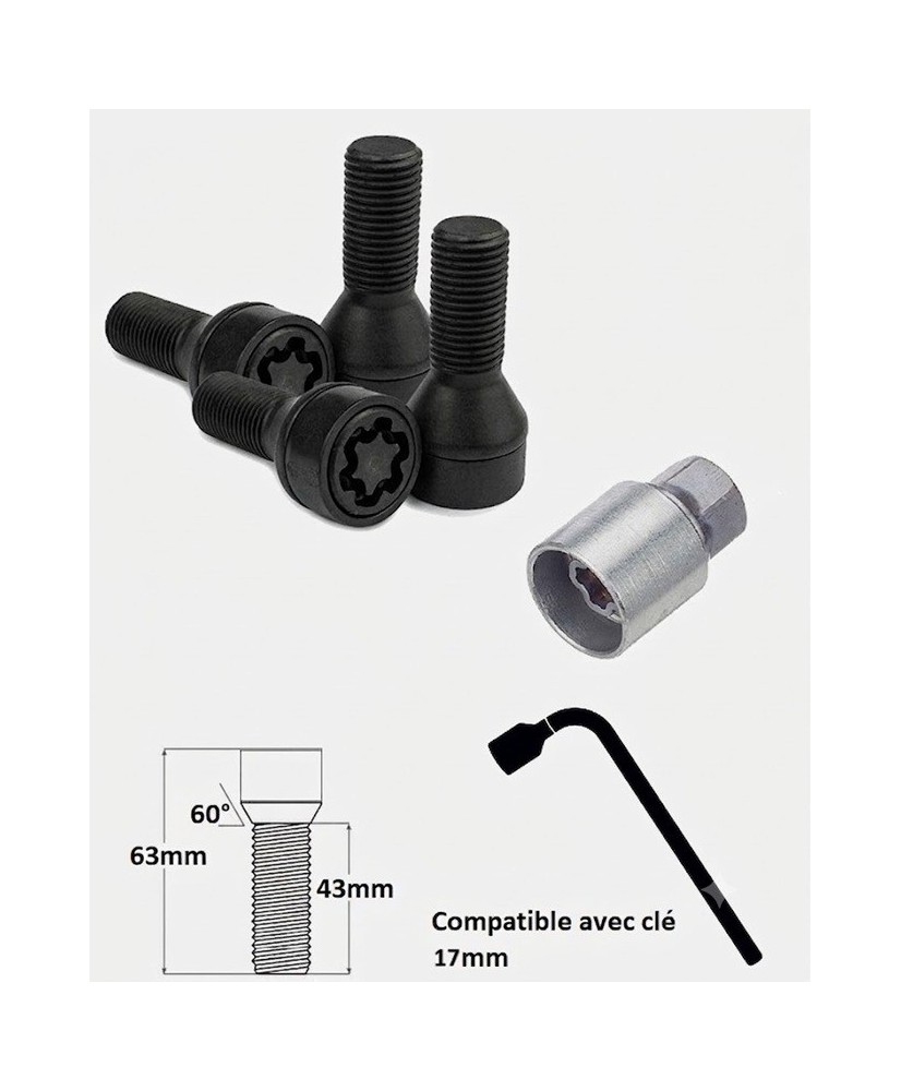 Vis antivol de roues noir M14X1.25 assise conique 60° filetage 43mm