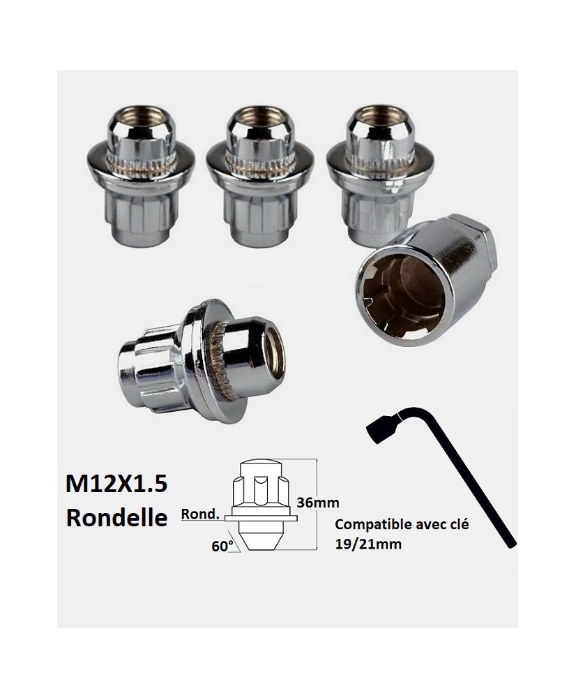 Ecrous antivols de roue conique fermé M12x1,5 - jeu de 4