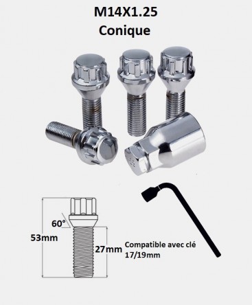 Vis antivol de roues M14X1.25 assise conique 60° filetage 27mm