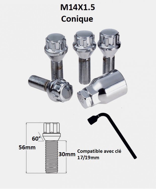 Vis antivol de roues M14X1.5 assise conique 60° filetage 30mm