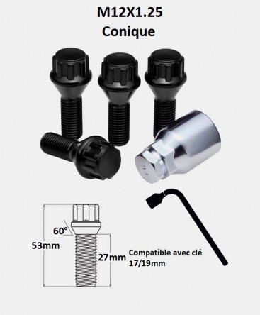 Vis antivol de roues M12X1.25 noir assise conique 60° filetage 27mm