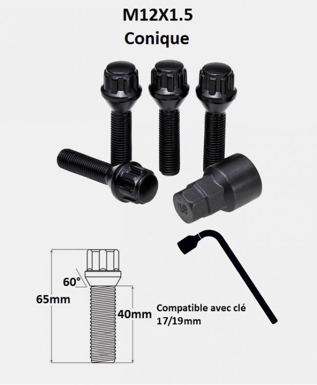 Vis antivol de roues M12X1.5 noir assise conique 60° filetage 40mm