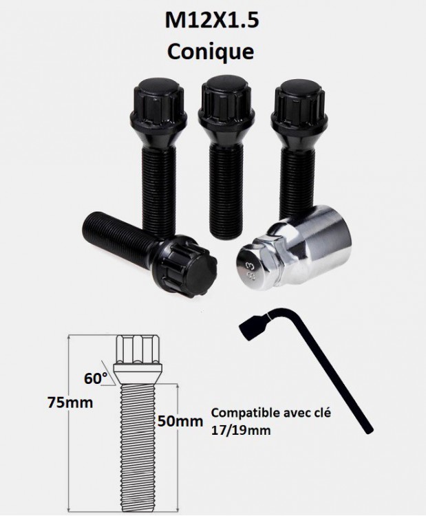 Vis antivol de roues M12X1.5 noir assise conique 60° filetage 50mm