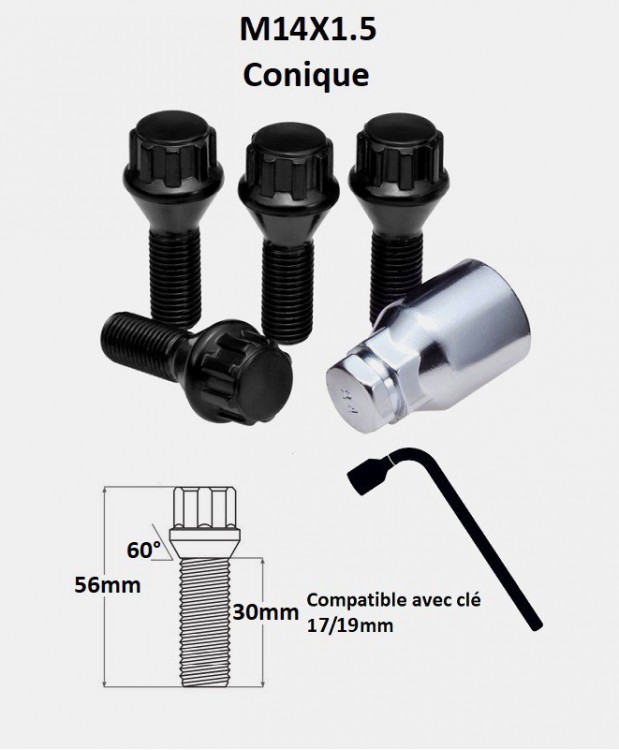 Vis antivol de roues M14X1.5 noir assise conique 60° filetage 30mm