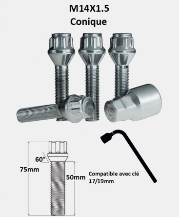 Vis antivol de roues M14X1.5 assise conique 60° filetage 50mm