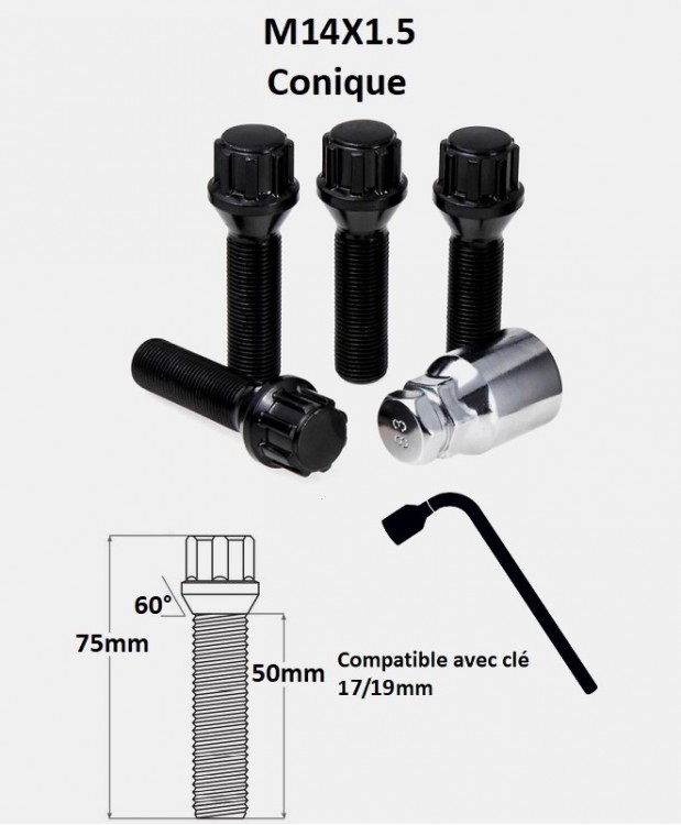 Vis antivol de roues M14X1.5 noir assise conique 60° filetage 50mm