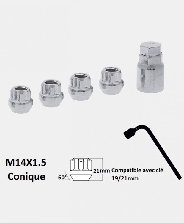 Écrous antivol de roues ouverts M14X1.5 assise conique 60°