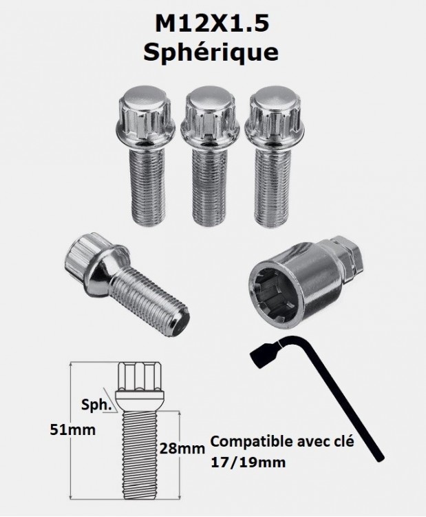 Vis antivol de roues M12X1.5 longueur filetage 40mm coniques 60°