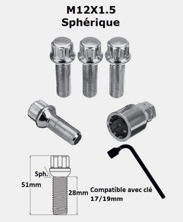 Vis antivol de roues M12X1.5 assise sphérique filetage 28mm