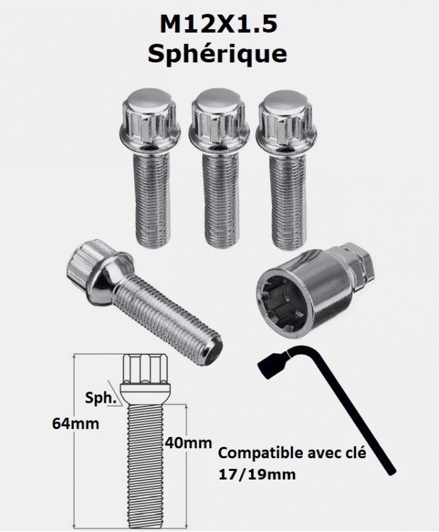 Vis antivol de roues M12X1.5 assise sphérique filetage 40mm