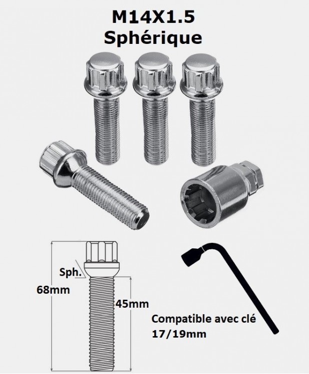 Vis antivol de roues M14X1.5 assise sphérique filetage 45mm