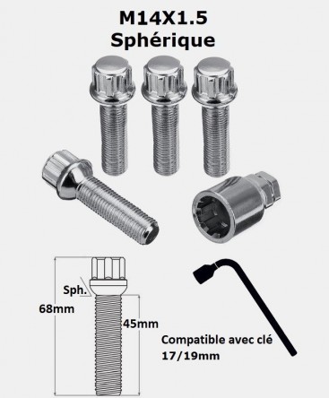 Vis antivol de roues M14X1.5 assise sphérique filetage 45mm