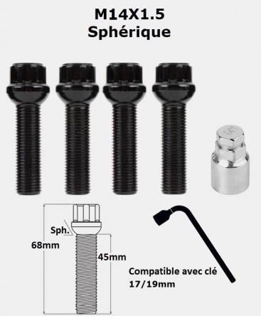Vis antivol de roues M14X1.5 noir assise sphérique filetage 45mm Vis antivol de roues M14X1.5 noir assise sphérique filetage 45mm