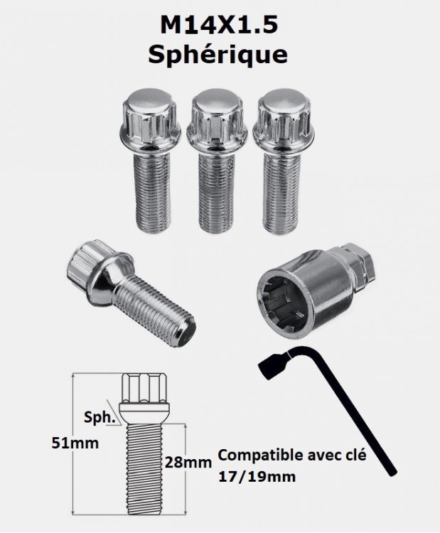 Vis antivol de roues M14X1.5 assise sphérique filetage 28mm