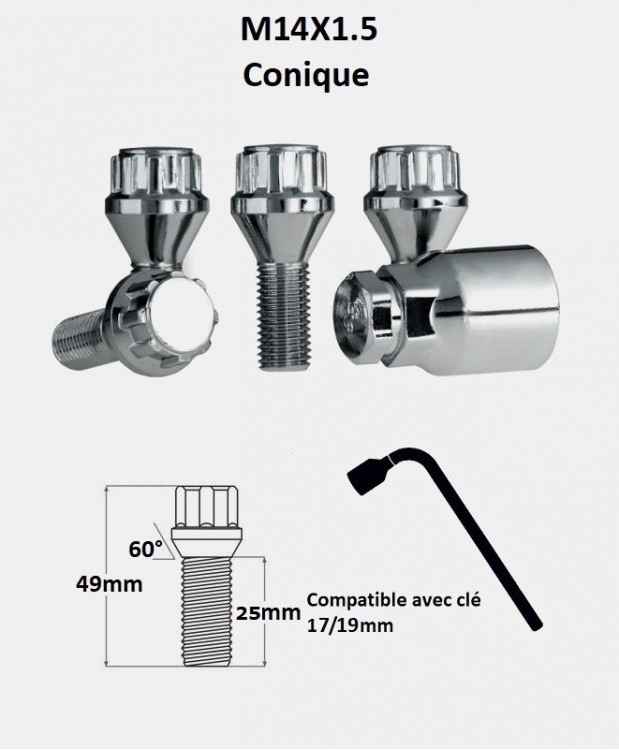 Vis antivol de roues M14X1.5 assise conique 60° filetage 25mm