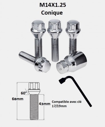 Vis antivol de roues M14X1.25 assise conique 60° filetage 43mm