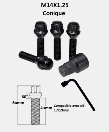 Vis antivol de roues M14X1.25 noir assise conique 60° filetage 43mm