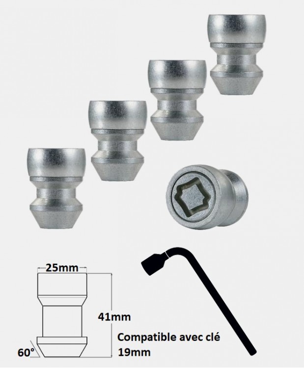 Écrous antivol de roues longs M14X1.5 assise conique 60°