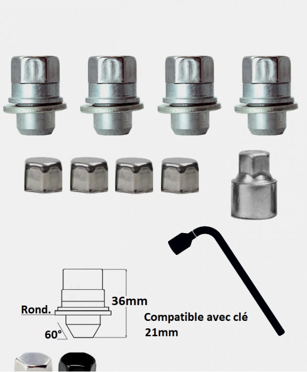 Ecrous antivol de roues M12X1.5 assise plate avec caches chrome ou noir