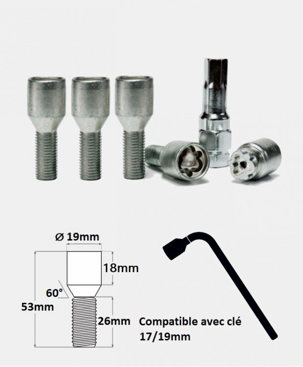 Vis antivol de roues M12X1.5 compactes à diamètre réduit et assise conique 60° filetage 26mm