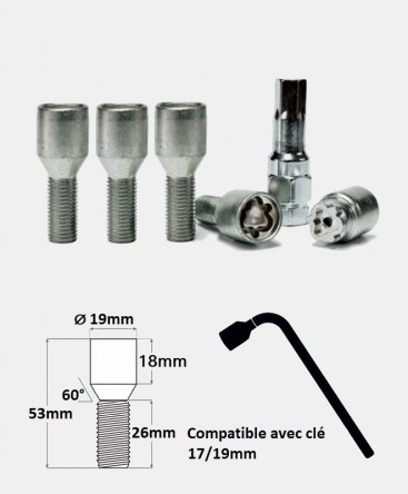 Vis antivol de roues alésages de jantes étroits M12X1.5 26mm coniques 60°