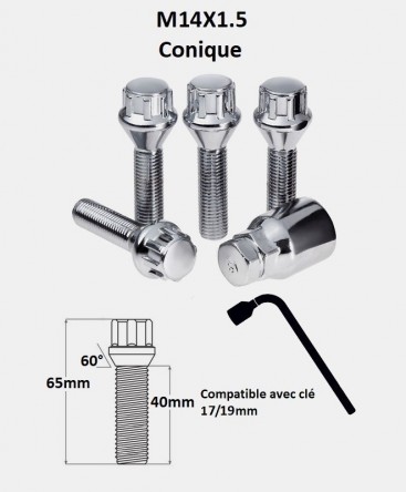 Vis antivol de roues M14X1.5 assise conique 60° filetage 40mm