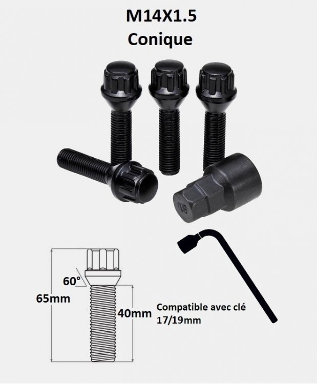 Vis antivol de roues M14X1.5 noir assise conique 60° filetage 40mm