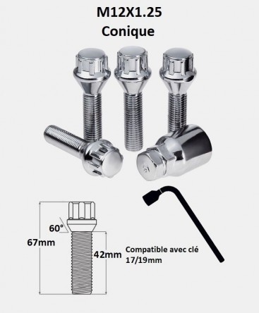 Vis antivol de roues M12X1.25 assise conique 60° filetage 42mm