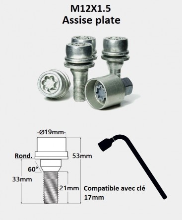 Vis antivol de roues M12X1.5 assise plate