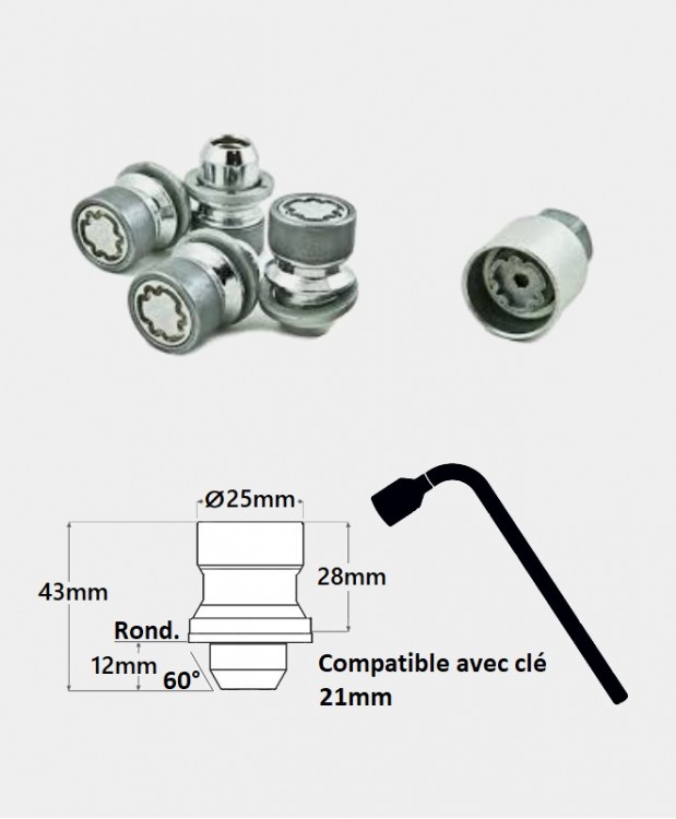 Écrous antivol de roues M14X1.5 assise rondelle plate