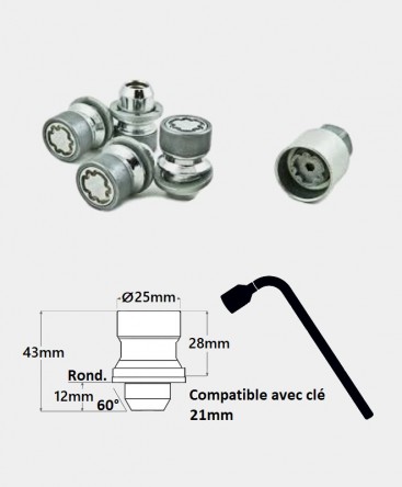 Écrous antivol de roues M14X1.5 assise rondelle plate