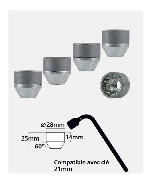 Écrous antivol de roues ouverts M14X1.5 assise conique