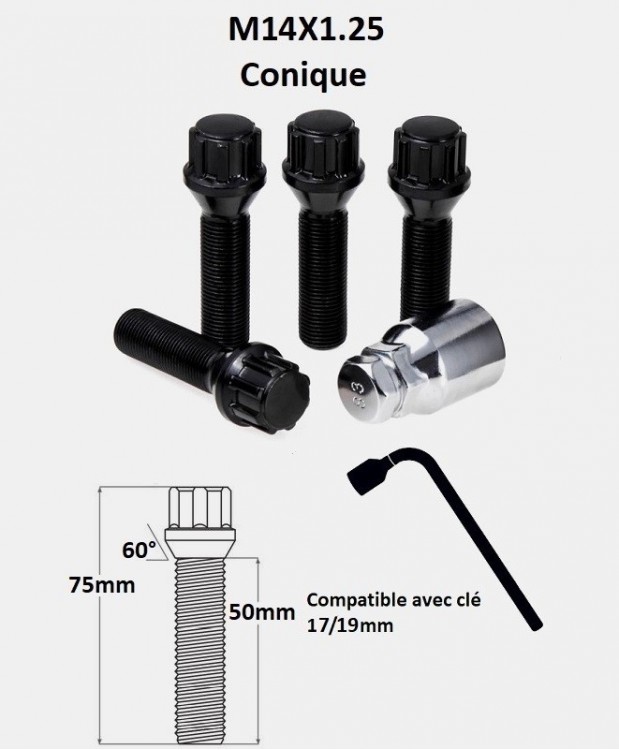 Vis antivol de roues M14X1.25 noir assise conique 60° filetage 50mm