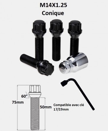 Vis antivol de roues M14X1.25 noir assise conique 60° filetage 50mm