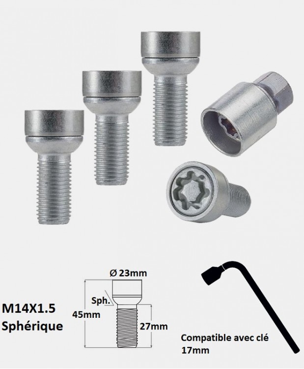 Écrous antivol de roues M14X1.5 assise sphérique filetage 27mm