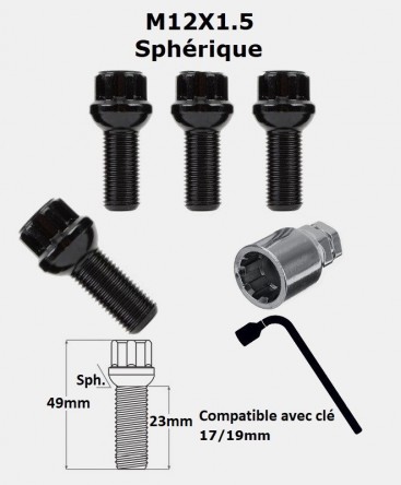 Vis antivol de roues M12X1.5 noir assise sphérique filetage 23mm Vis antivol de roues M12X1.5 noir assise sphérique filetage 23mm