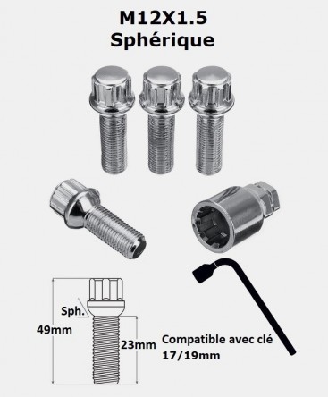 Vis antivol de roues M12X1.5 assise sphérique filetage 23mm