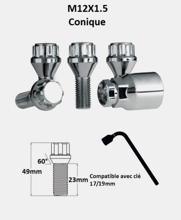 Vis antivol de roues M12X1.5 assise conique 60° filetage 23mm