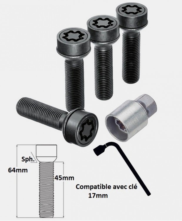 Vis antivol de roues M14X1.5 noir assise sphérique filetage 45mm