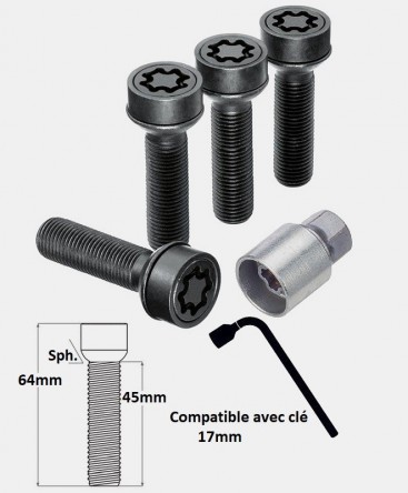 Vis antivol de roues M14X1.5 noir assise sphérique filetage 45mm