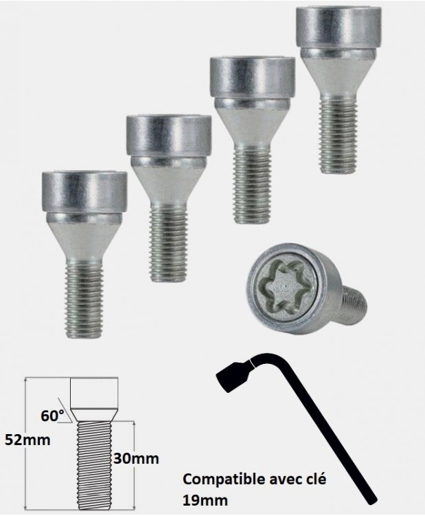 Vis antivol de roues M14X1.5 assise conique 60° filetage 30mm