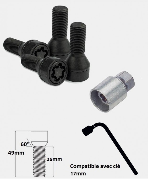 Vis antivol de roues noir M12X1.5 assise conique 60° filetage 25mm
