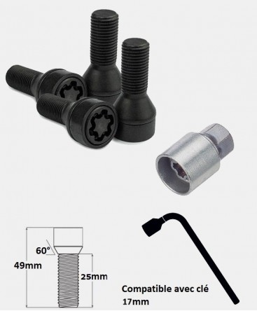 Vis antivol de roues noir M12X1.5 assise conique 60° filetage 25mm