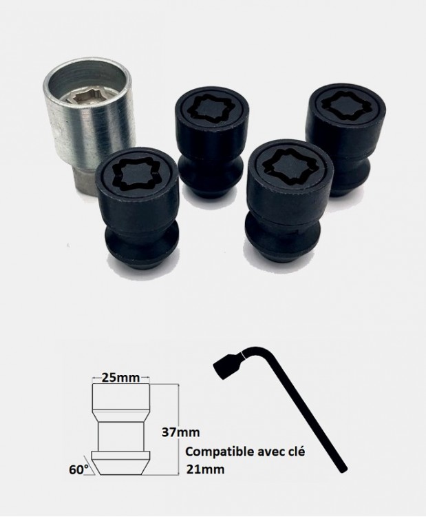 Écrous antivol de roues noir M14X1.5 assise conique 60°
