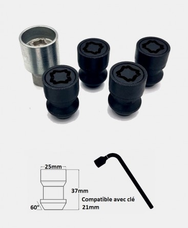 Écrous antivol de roues noir M14X1.5 assise conique 60°